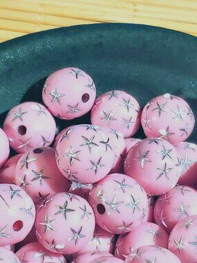 BARBIE CORE Vintage Retro Pink Silver Stars 12mm Round Acrylic Beads 10 pcs